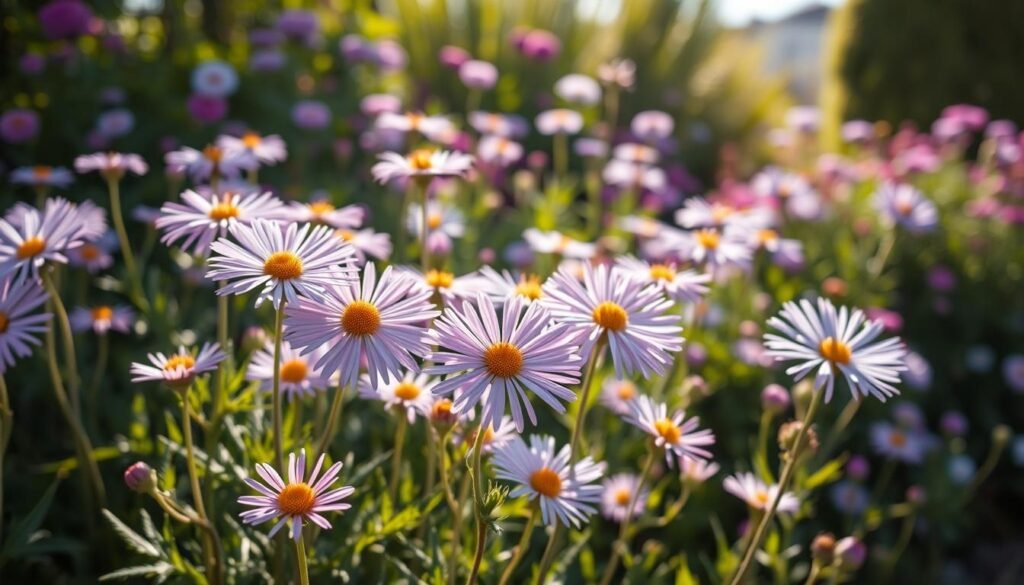 A lush, sun-dappled staudenbeet (perennial border) filled with vibrant asters in full bloom. Delicate, daisy-like petals in shades of lavender, pink, and white sway gracefully against a backdrop of verdant foliage. The scene is bathed in soft, warm light, casting gentle shadows and highlights that accentuate the flowers' intricate details. In the foreground, the asters stand tall and proud, their sturdy stems supporting the blooms. The middle ground features a harmonious mix of complementary plants, creating depth and visual interest. The background gently recedes, hinting at a tranquil garden setting. This idyllic composition captures the essence of why asters are an indispensable addition to any perennial border.