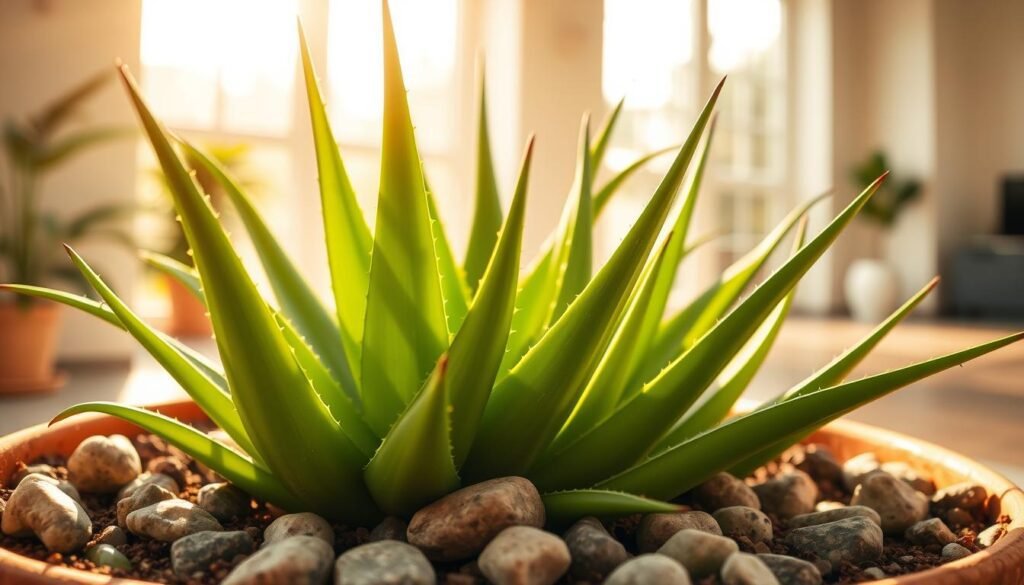 A lush, sun-drenched aloe vera plant thriving in its ideal environment. The foreground features the thick, fleshy green leaves with their distinctive serrated edges, casting gentle shadows on the soil below. In the middle ground, the plant is situated in a terracotta planter, nestled among smooth river rocks. The background depicts a bright, airy room with large windows, allowing ample natural light to pour in and illuminate the scene. Warm, diffused lighting from the windows casts a soft, golden glow, creating a peaceful, tranquil atmosphere. The overall composition conveys the perfect conditions for an aloe vera plant to flourish: well-drained soil, abundant sunlight, and a sheltered, indoor setting. A lush, sun-drenched aloe vera plant thriving in its ideal environment. The foreground features the thick, fleshy green leaves with their distinctive serrated edges, casting gentle shadows on the soil below. In the middle ground, the plant is situated in a terracotta planter, nestled among smooth river rocks. The background depicts a bright, airy room with large windows, allowing ample natural light to pour in and illuminate the scene. Warm, diffused lighting from the windows casts a soft, golden glow, creating a peaceful, tranquil atmosphere. The overall composition conveys the perfect conditions for an aloe vera plant to flourish: well-drained soil, abundant sunlight, and a sheltered, indoor setting.