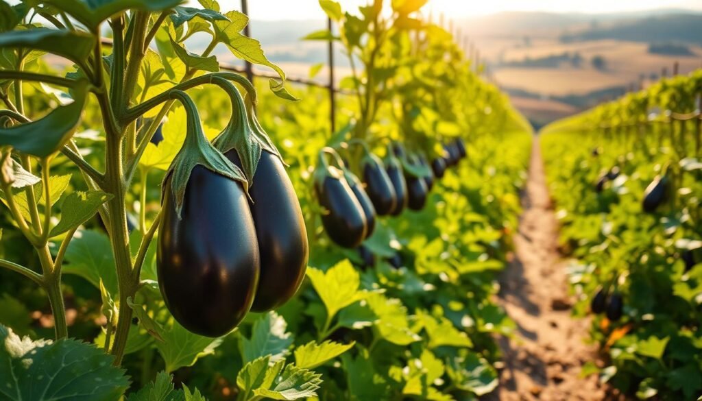 A lush, sunlit garden filled with row upon row of thriving aubergine plants. The foreground features large, glossy purple eggplants nestled among verdant foliage, their stems strong and upright. In the middle ground, a trellis supports the vines, allowing the plants to climb and maximize their exposure to the warm, golden rays of the sun. The background showcases a bucolic countryside landscape, with rolling hills and a distant, hazy horizon. The scene evokes a sense of tranquility and abundance, capturing the natural beauty of cultivating aubergines in an open, outdoor setting.