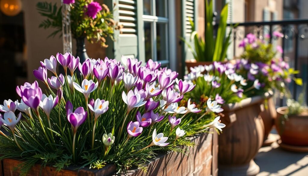 A lush urban oasis of blooming crocus flowers adorns a charming balcony or patio, basking in the soft, warm glow of natural light. The vibrant purple and white petals sway gently in a light breeze, creating a serene and inviting atmosphere. Carefully arranged in colorful clusters, the crocuses are nestled among verdant foliage and complemented by rustic wooden planters or decorative ceramic pots. The overall composition evokes a sense of tranquility and the rejuvenating power of nature, even within the confines of a compact urban setting. A lush urban oasis of blooming crocus flowers adorns a charming balcony or patio, basking in the soft, warm glow of natural light. The vibrant purple and white petals sway gently in a light breeze, creating a serene and inviting atmosphere. Carefully arranged in colorful clusters, the crocuses are nestled among verdant foliage and complemented by rustic wooden planters or decorative ceramic pots. The overall composition evokes a sense of tranquility and the rejuvenating power of nature, even within the confines of a compact urban setting.