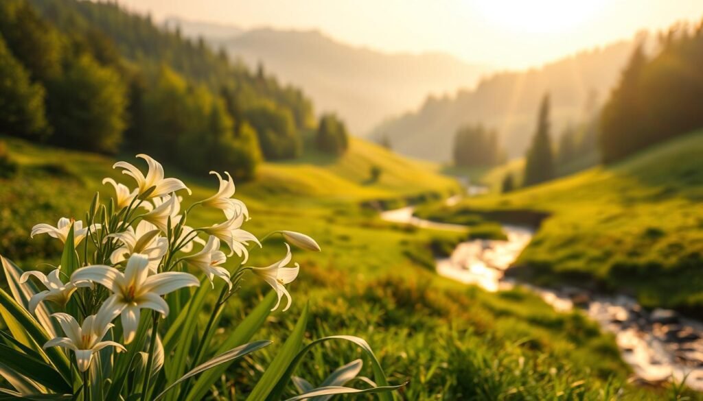 A lush, verdant Kulturlandschaft (cultural landscape) bathed in soft, warm light. In the foreground, a cluster of delicate white lilies (Lilien) sway gently in a light breeze, their graceful petals symbolizing purity, beauty, and rebirth. The middle ground features a tranquil stream winding through rolling hills, flanked by dense forests in the background. Overhead, a hazy, golden sky imbues the scene with a sense of timelessness and serenity. The composition evokes the deep cultural and spiritual significance of the lily, a timeless motif in art, mythology, and traditional symbolism across many civilizations.