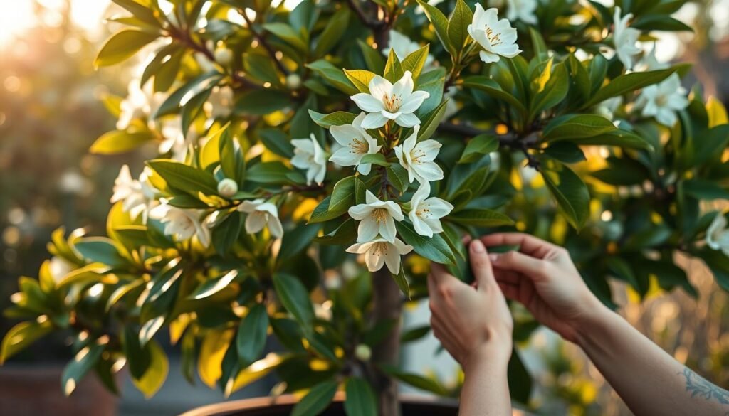 A lush, verdant Yuzu tree in full bloom, its fragrant white blossoms gently swaying in the soft, golden afternoon light. The leaves, a vibrant, glossy green, cast delicate shadows across the weathered wooden planter. In the foreground, a pair of experienced hands carefully tend to the plant, pruning and examining the leaves with a practiced eye. The background is blurred, allowing the focus to remain on the Yuzu and the diligent care it is receiving. The scene radiates a sense of tranquility and reverence for this cherished Japanese citrus.