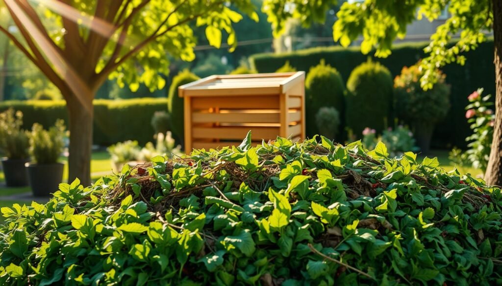 A lush, verdant compost pile stands in the foreground, filled with freshly cut green trimmings and garden waste. Sunlight filters through the surrounding trees, casting a warm, natural glow over the scene. In the middle ground, a wooden compost bin sits, its slats allowing air to circulate and promote decomposition. The background showcases a well-maintained garden, with neatly trimmed hedges and flowering plants. The overall atmosphere conveys a sense of sustainability, as the compost process transforms organic materials into nutrient-rich soil for the garden's continued growth. A wide-angle lens captures the entire composting setup, emphasizing the importance of this eco-friendly practice.