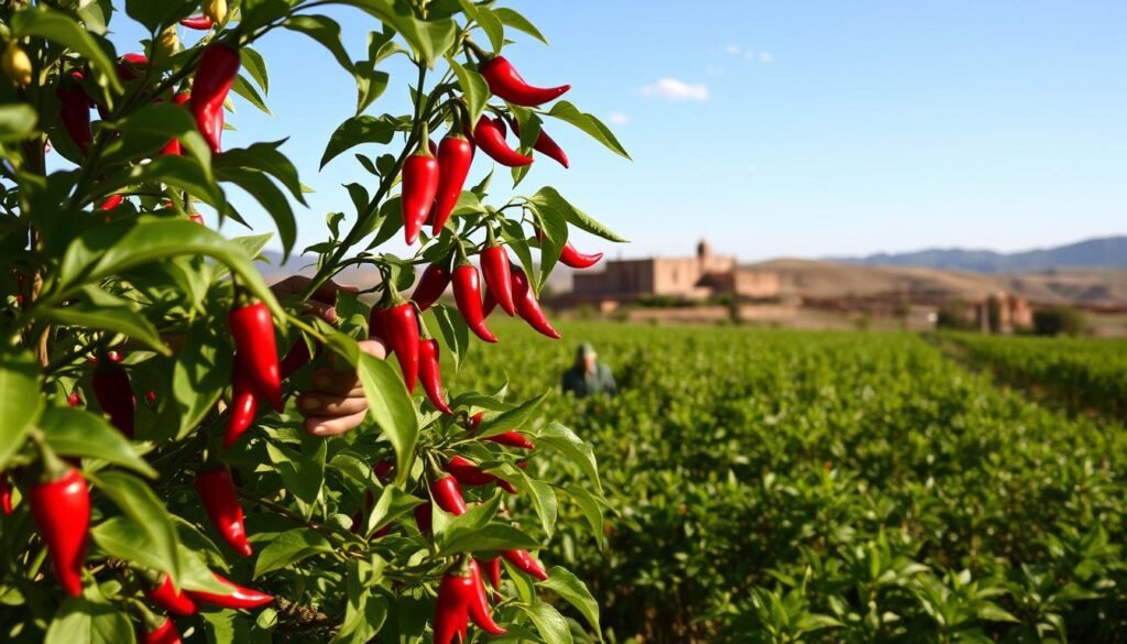 A lush, verdant field of thriving chili plants, their vibrant red peppers glistening in the warm, golden sunlight. In the foreground, a weathered farmer carefully tends to the plants, his calloused hands delicately pruning and tending to the crop. In the middle ground, the distant silhouette of a traditional adobe-style hacienda, a testament to the rich cultural heritage of chili cultivation. The background is framed by rolling hills and a cloudless blue sky, creating a sense of tranquility and timelessness. The scene evokes a sense of history, tradition, and the deep connection between the land, the people, and the cherished chili pepper.