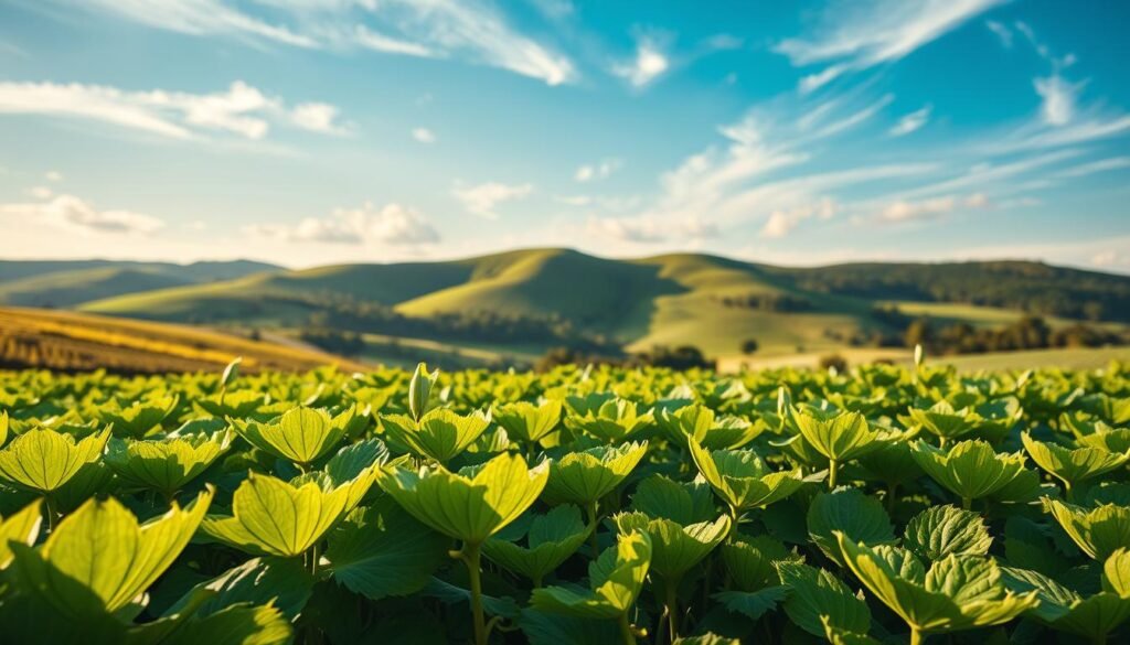 A lush, verdant field of vibrant chinakohl plants, their broad leaves unfurling in the gentle breeze. In the background, a rolling landscape of verdant hills and a clear blue sky dotted with wispy clouds. The foreground is bathed in warm, golden sunlight, casting long shadows and highlighting the intricate textures of the chinakohl leaves. The scene has a sense of timelessness, conveying the rich history and tradition of this ancient cultivar. The composition is balanced and visually striking, inviting the viewer to immerse themselves in the tranquil, naturalistic setting.