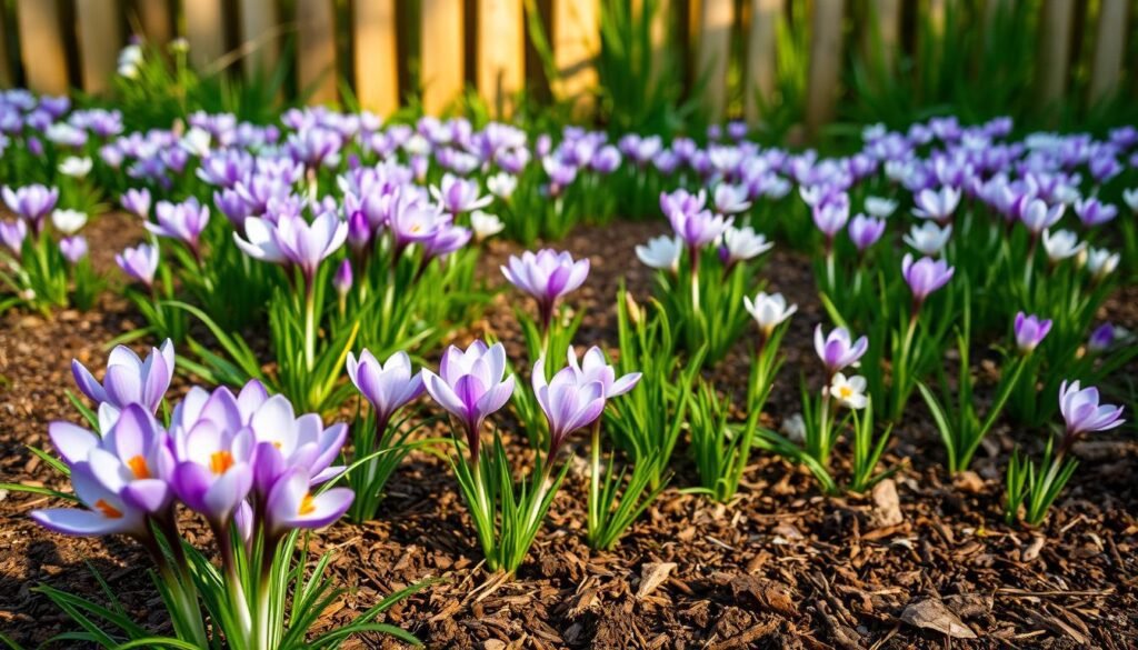 A lush, verdant garden bed filled with a vibrant display of blooming crocuses. In the foreground, clusters of delicate purple and white petals sway gently in a soft breeze, their leaves stretching towards the sun. In the middle ground, the soil is enriched with a layer of organic compost, providing essential nutrients to nourish the thriving plants. In the background, a wooden fence frames the scene, casting warm, diffused lighting across the garden. The overall atmosphere conveys a sense of tranquility and natural abundance, showcasing the ideal conditions for cultivating healthy, thriving crocuses.