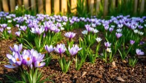 A lush, verdant garden bed filled with a vibrant display of blooming crocuses. In the foreground, clusters of delicate purple and white petals sway gently in a soft breeze, their leaves stretching towards the sun. In the middle ground, the soil is enriched with a layer of organic compost, providing essential nutrients to nourish the thriving plants. In the background, a wooden fence frames the scene, casting warm, diffused lighting across the garden. The overall atmosphere conveys a sense of tranquility and natural abundance, showcasing the ideal conditions for cultivating healthy, thriving crocuses.