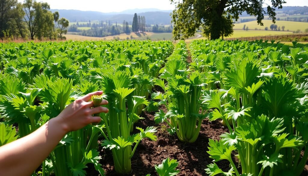 A lush, verdant garden bed filled with thriving stalks of celery, their broad, serrated leaves rustling gently in the soft afternoon breeze. The plants are arranged in neat, orderly rows, their deep green hues complemented by the rich, earthy tones of the soil. Sunlight filters through the canopy above, casting a warm, golden glow across the scene. In the foreground, a gardener's hands tend to the plants, gently pruning and weeding to ensure optimal growth. The mid-ground showcases the plants at various stages of maturity, highlighting the versatility of celery cultivation. In the background, a picturesque rural landscape unfolds, with rolling hills and distant trees providing a serene backdrop. The overall atmosphere is one of tranquility and abundance, capturing the essence of successful celery cultivation. A lush, verdant garden bed filled with thriving stalks of celery, their broad, serrated leaves rustling gently in the soft afternoon breeze. The plants are arranged in neat, orderly rows, their deep green hues complemented by the rich, earthy tones of the soil. Sunlight filters through the canopy above, casting a warm, golden glow across the scene. In the foreground, a gardener's hands tend to the plants, gently pruning and weeding to ensure optimal growth. The mid-ground showcases the plants at various stages of maturity, highlighting the versatility of celery cultivation. In the background, a picturesque rural landscape unfolds, with rolling hills and distant trees providing a serene backdrop. The overall atmosphere is one of tranquility and abundance, capturing the essence of successful celery cultivation.