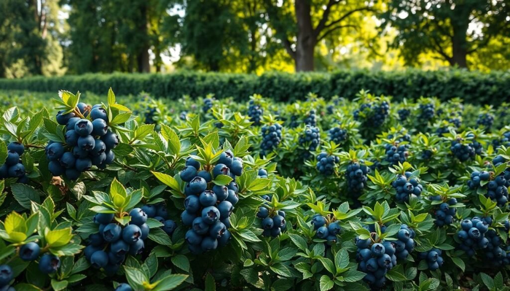 A lush, verdant garden filled with thriving blueberry bushes, their dark blue orbs glistening in the soft, diffused sunlight. In the foreground, the bushes are neatly trimmed, their leaves a vibrant green, creating a sense of order and harmony. In the middle ground, the bushes grow slightly taller, their branches intertwined, suggesting a mutually beneficial relationship. In the background, a row of tall, stately trees casts a gentle, dappled shade, providing the perfect environment for the blueberries to flourish. The overall scene exudes a sense of peace, tranquility, and bountiful natural abundance, capturing the essence of "successful combination with good neighbors."