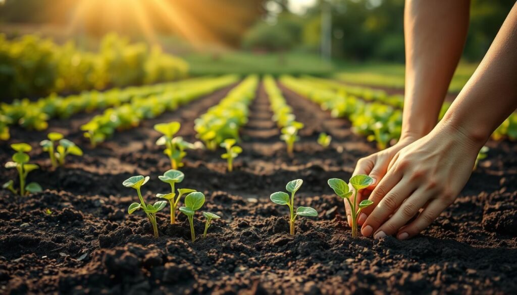 A lush, verdant garden scene depicting the sowing of vegetable seedlings. In the foreground, a pair of hands carefully planting young seedlings into freshly tilled soil, the dark earth contrasting with the delicate green leaves. Behind, rows of vegetable beds stretch out, each meticulously spaced and aligned, suggesting an organized, productive growing space. Soft, diffused natural light filters through wispy clouds, casting a warm, golden glow over the entire scene. The composition is balanced, with the main action centered and the background receding in gentle layers, creating a sense of depth and tranquility. An atmosphere of care, attention, and the promise of a bountiful harvest pervades the image. A lush, verdant garden scene depicting the sowing of vegetable seedlings. In the foreground, a pair of hands carefully planting young seedlings into freshly tilled soil, the dark earth contrasting with the delicate green leaves. Behind, rows of vegetable beds stretch out, each meticulously spaced and aligned, suggesting an organized, productive growing space. Soft, diffused natural light filters through wispy clouds, casting a warm, golden glow over the entire scene. The composition is balanced, with the main action centered and the background receding in gentle layers, creating a sense of depth and tranquility. An atmosphere of care, attention, and the promise of a bountiful harvest pervades the image.