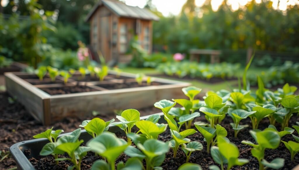 A lush, verdant garden scene in soft, warm lighting. In the foreground, a tray of freshly sown Chinakohl seedlings, their delicate leaves unfurling. The middle ground features a raised garden bed, soil meticulously tilled and ready for transplanting. In the background, a quaint wooden shed and a blur of green foliage, hinting at the thriving vegetable patch beyond. The overall atmosphere is one of peaceful, nurturing growth, inviting the viewer to envision the journey of cultivating this versatile cabbage variety.