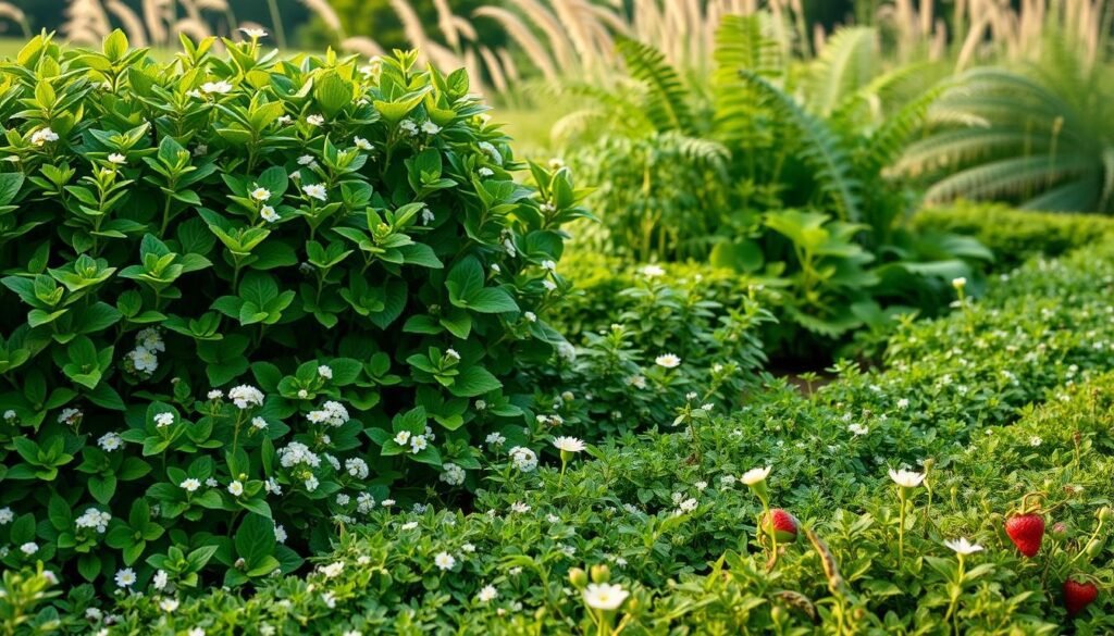 A lush, verdant garden scene showcasing the ideal companion plants for thriving blueberry bushes. In the foreground, rows of vibrant green foliage and delicate white flowers cascade around the base of the blueberry plants, creating a harmonious and natural-looking arrangement. The middle ground features a mix of low-growing groundcovers, including thyme, clover, and wild strawberries, their leaves and blooms adding pops of color and texture. In the background, tall, swaying grasses and ferns provide a softly blurred, natural backdrop, suggesting the tranquil atmosphere of a well-designed, productive blueberry garden. The lighting is soft and diffused, casting a warm, golden glow over the entire scene, emphasizing the verdant, lush quality of the companion plantings.