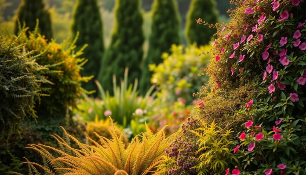 A lush, verdant garden scene showcasing the stunning diversity of Heckenpflanzen (hedge plants). In the foreground, a vibrant array of textures and colors - delicate ferns, cascading vines, and vibrant flowering shrubs create a layered tapestry. The middle ground features towering evergreen conifers, their stately silhouettes framing the scene. In the background, a sense of depth is achieved through a soft, hazy blur, suggesting a tranquil, natural setting. Warm, diffused lighting casts a golden glow, highlighting the intricate details and bringing the whole composition to life. The overall atmosphere is one of serene, natural abundance - a celebration of the rich biodiversity found in Heckenpflanzen.
