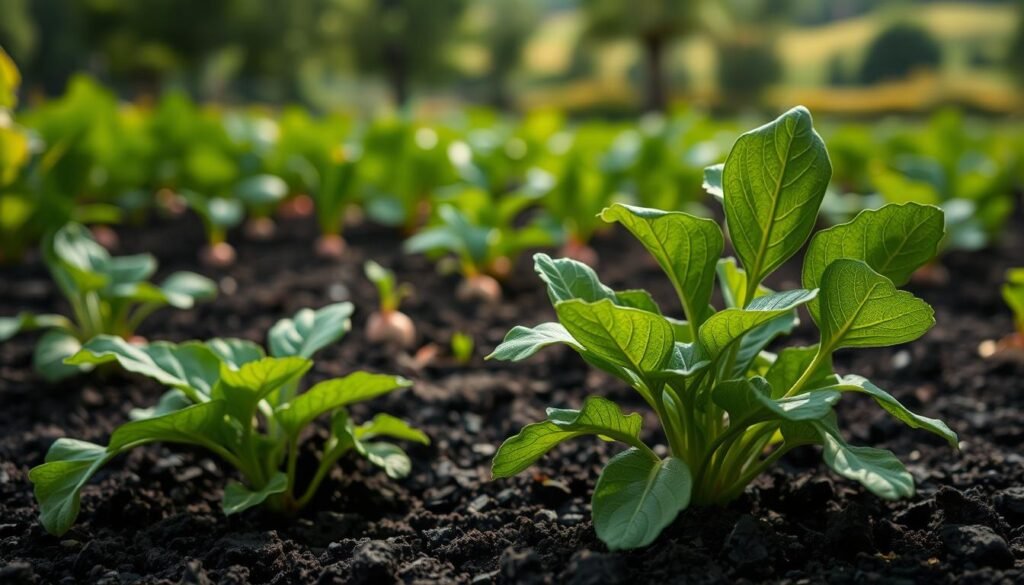 A lush, verdant garden scene with a close-up focus on a thriving radish plant in the foreground. The radish leaves are a vibrant green, and the soil around the plant is moist and dark. In the middle ground, other radish plants can be seen, their leaves gently swaying in a soft breeze. The background is filled with a blurred, natural landscape, with a hint of sunlight filtering through the foliage. The lighting is soft and diffused, creating a serene and peaceful atmosphere. The composition emphasizes the importance of proper care and watering during the growth stage of radishes, reflecting the section title "Pflege und Bewässerung im Wachstumsstadium".