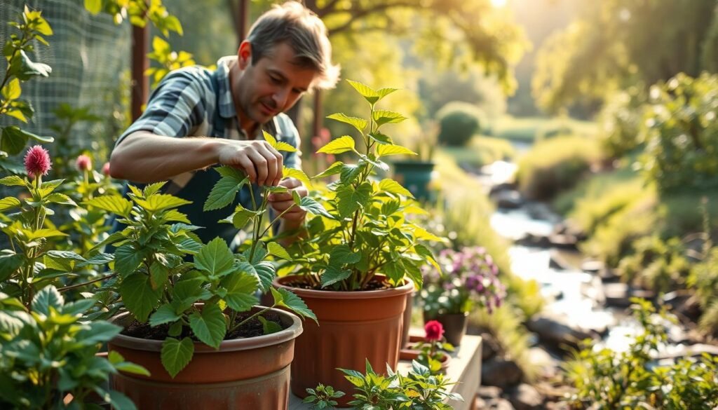 A lush, verdant garden scene with a focus on long-term pest control strategies for plants. In the foreground, a gardener meticulously inspects the leaves of a thriving potted plant, searching for any signs of infestation. The middle ground features a variety of healthy, well-tended plants, each with a subtle, natural defense system in place. The background showcases a serene landscape, with a gently flowing stream and sun-dappled foliage, creating a calming, rejuvenating atmosphere. The lighting is soft and diffused, emphasizing the tranquility of the scene. The composition is balanced, drawing the viewer's eye to the central focus of the gardener's diligent efforts towards sustainable, long-term pest management.