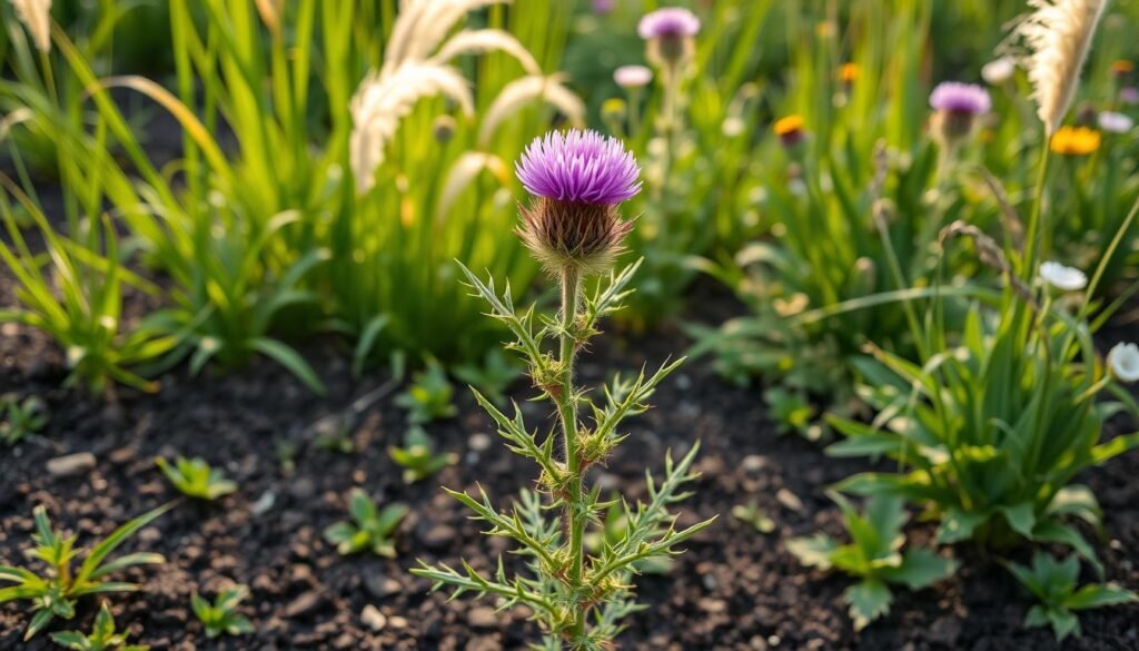 A lush, verdant garden setting with a focal point of a thriving Cirsium (thistle) plant. The thistle stands tall and proud, its spiny leaves and vibrant purple-pink flowers commanding attention. The background features a well-tended plot of fertile soil, dotted with other native flora such as tall grasses and wildflowers. Warm, diffused natural lighting filters through, creating a serene, inviting atmosphere. The composition emphasizes the thistle's ideal placement within the garden, showcasing its beauty and highlighting the importance of selecting the right location for this hardy, drought-tolerant species. Distel Pflanzen