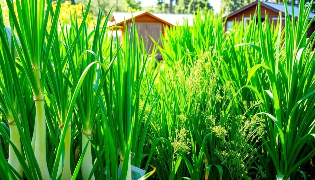 A lush, verdant garden showcasing an abundant selection of leek varieties, their vibrant green foliage gently swaying in the soft breeze. In the foreground, several cultivars stand tall, their distinctive shapes and textures highlighting the diversity of this versatile vegetable. The middle ground features a carefully curated display, with labels identifying the different leek types, allowing the viewer to appreciate the nuances in color, size, and growth habits. The background depicts a serene, sun-dappled setting, with a wooden shed or greenhouse providing a natural backdrop, creating a sense of tranquility and connection to the land. The overall composition conveys the beauty and bounty of the leek, inspiring the viewer to explore the joys of growing this flavorful crop in their own garden. Prompt A lush, verdant garden showcasing an abundant selection of leek varieties, their vibrant green foliage gently swaying in the soft breeze. In the foreground, several cultivars stand tall, their distinctive shapes and textures highlighting the diversity of this versatile vegetable. The middle ground features a carefully curated display, with labels identifying the different leek types, allowing the viewer to appreciate the nuances in color, size, and growth habits. The background depicts a serene, sun-dappled setting, with a wooden shed or greenhouse providing a natural backdrop, creating a sense of tranquility and connection to the land. The overall composition conveys the beauty and bounty of the leek, inspiring the viewer to explore the joys of growing this flavorful crop in their own garden. Prompt