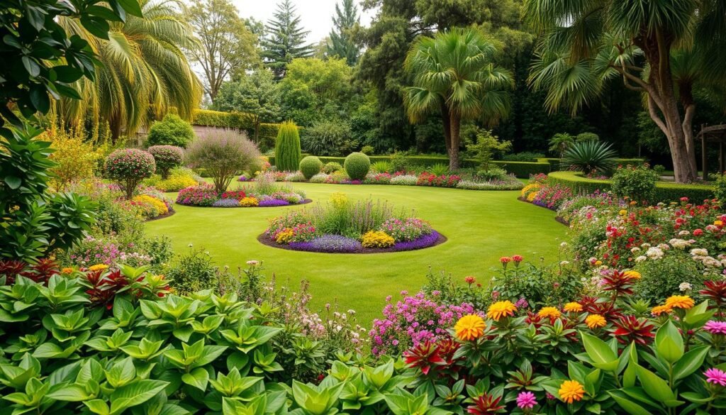 A lush, verdant garden with a harmonious blend of vibrant flora. In the foreground, a variety of leafy plants and flowering shrubs adorn the landscape, creating a captivating visual display. The middle ground features a neatly trimmed lawn, dotted with strategically placed garden beds brimming with colorful perennials. In the background, a mix of tall, swaying trees provides a natural canopy, casting a warm, dappled light across the scene. The overall composition exudes a sense of tranquility and balance, inviting the viewer to imagine themselves strolling through this meticulously planned and designed garden oasis. Captured with a wide-angle lens, the image showcases the harmonious integration of various garden elements, reflecting the thoughtful and artistic approach to landscape design. garten und landschaftsbau