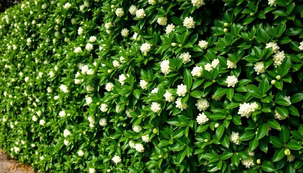 A lush, verdant hedge of Cherry Laurel (Prunus laurocerasus) in full bloom, its glossy, dark green leaves and creamy white flower clusters creating a striking visual. The plants are evenly spaced, forming a dense, uniform barrier that gracefully frames the scene. Soft, diffused natural lighting filters through, casting subtle shadows and highlighting the plants' vibrant hues. The composition emphasizes the hedge's structural and ornamental qualities, showcasing why it is considered an ideal choice for hedgerows and landscaping. The overall mood is one of tranquility and natural beauty, perfectly suited to illustrate the section on why Cherry Laurel is the perfect hedging plant.
