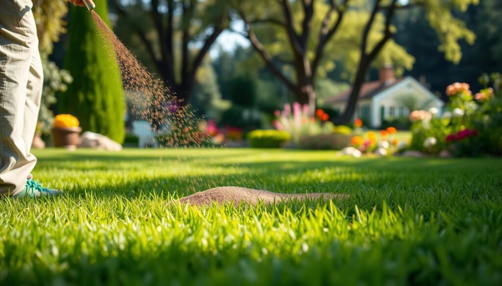 A lush, verdant lawn bathed in soft, natural light. In the foreground, a person meticulously spreads a layer of rich, granular fertilizer across the vibrant grass, their movements deliberate and efficient. The middle ground showcases the freshly nourished turf, its blades a deep, saturated green, radiating health and vitality. In the background, a picturesque garden scene unfolds, with blooming flowers and towering trees providing a serene, idyllic backdrop. The overall atmosphere conveys a sense of tranquility and the satisfaction of a well-tended, thriving lawn.