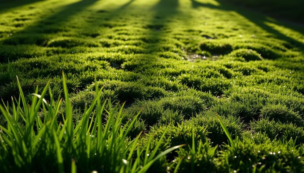 A lush, verdant lawn, blanketed in a gentle layer of moss, casting soft, hazy shadows across the ground. The scene is bathed in soft, diffused natural light, creating a serene and tranquil atmosphere. In the foreground, the grass blades are rendered in fine detail, their tips glistening with dew. The middle ground features the mossy patches, their varied shades of green intertwining with the grass, creating a harmonious tapestry. In the background, subtle undulations in the terrain add depth and dimension to the landscape. The overall composition conveys a sense of calm and contemplation, inviting the viewer to immerse themselves in the natural beauty of this shaded, damp environment.