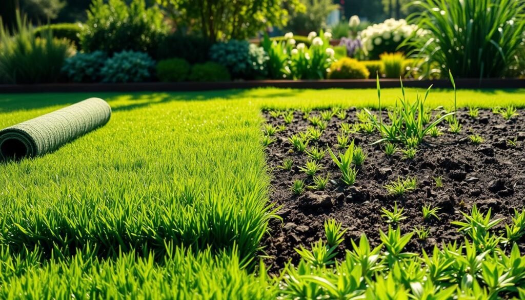 A lush, verdant lawn spreads out, contrasting two distinct sections. On the left, a freshly laid roll of vibrant green turf, its blades neatly aligned. On the right, a patch of soil dotted with emerging grass seedlings, their delicate shoots reaching skyward. Soft, diffused sunlight bathes the scene, casting gentle shadows that accentuate the textural differences between the two methods. In the background, a picturesque garden setting provides a soothing, natural backdrop, hinting at the final, polished appearance of the lawn. The composition emphasizes the visual comparison between the established roll of sod and the developing seeded area, inviting the viewer to consider the merits and drawbacks of each approach to creating a beautiful, lush lawn.