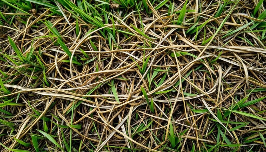 A lush, verdant lawn with a close-up view of the dense, tangled mat of dead grass and organic matter known as "Rasenfilz" covering the soil surface. The intricate web of intertwined stems and decaying blades creates a textured, earthy tapestry in shades of brown, ochre, and olive. Delicate grass seedlings can be seen emerging through the dense thatch, suggesting the need for rejuvenation. Soft, diffused natural lighting filters through the scene, casting subtle shadows and highlights that accentuate the layered, fibrous structure of the Rasenfilz. The overall mood is one of neglect and the requirement for careful maintenance to revitalize the lawn.