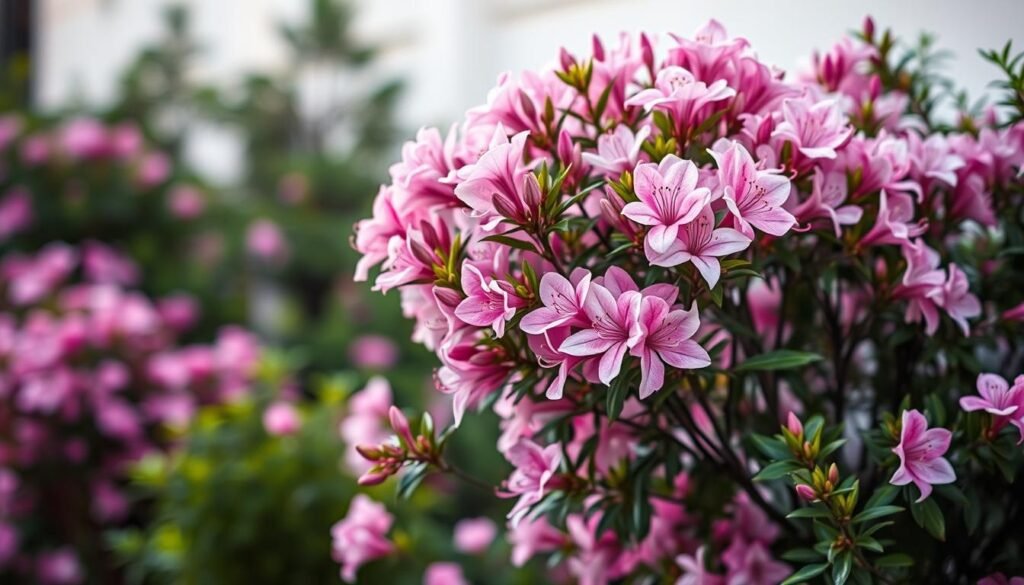 A lush, vibrant azalea shrub in full bloom, its delicate pink and white flowers contrasted against a soft, blurred background. The scene is captured with a shallow depth of field, drawing the viewer's attention to the intricate details of the pruned, symmetrical branches. Soft, diffused natural lighting accentuates the vibrant hues and textures, creating a serene, atmospheric ambiance. The composition is carefully balanced, with the azalea's graceful form occupying the central focus, flanked by a complementary mix of greenery. This image perfectly encapsulates the beauty and care required during the peak blooming season of this elegant garden specimen.