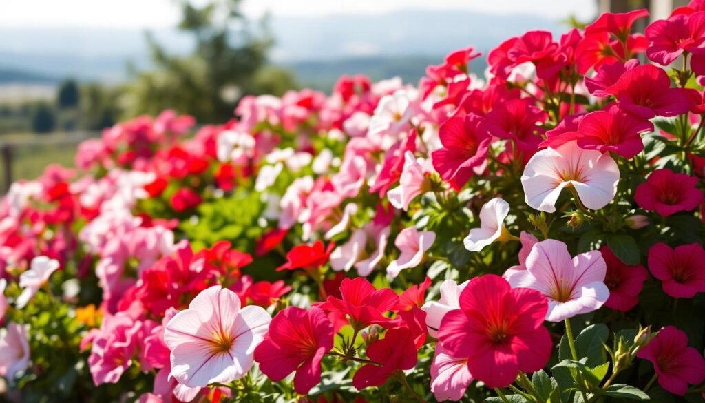 A lush, vibrant display of geranium blooms in a sun-dappled garden. The foreground showcases a diverse array of geranium varieties, their petals unfolding in a captivating spectrum of colors, from delicate pinks and vibrant reds to deep purples and pristine whites. The middle ground features a well-tended garden bed, with a harmonious arrangement of geraniums complemented by verdant foliage. In the background, a soft, hazy blur of a tranquil landscape, evoking a sense of peaceful serenity. The lighting is warm and natural, casting a gentle glow over the scene, highlighting the intricate textures and nuances of the geranium blossoms. The composition is balanced and visually striking, inviting the viewer to immerse themselves in the beauty and diversity of these enchanting flowers. Geranien 1