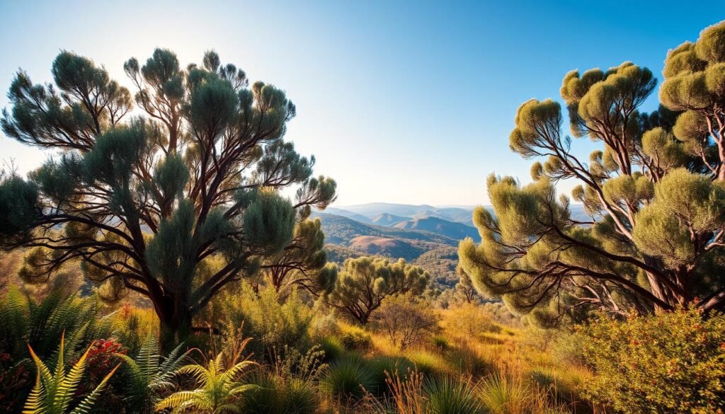 A lush, vibrant eucalyptus grove set against a backdrop of rolling hills and a hazy blue sky. The gently swaying trees, with their distinctive gray-green leaves, create a layered, textured canopy that filters the warm, golden sunlight. In the foreground, a variety of complementary plants - ferns, grasses, and shrubs - form a diverse, harmonious understory, highlighting the eucalyptus as the dominant species in this thriving plant community. The composition features a wide, cinematic angle that captures the sense of depth and scale, inviting the viewer to immerse themselves in this peaceful, natural scene.