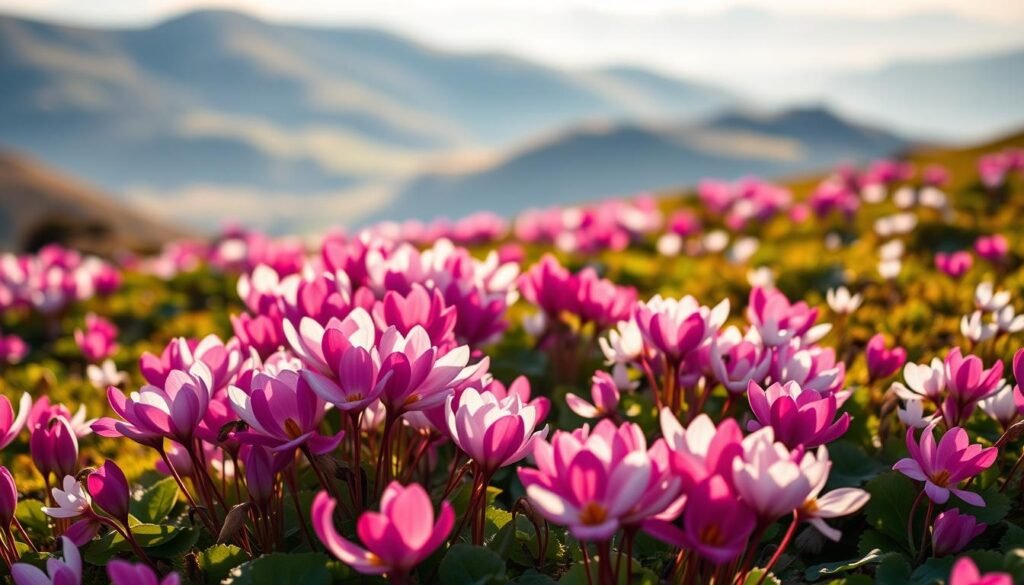 A lush, vibrant field of Alpenveilchen (cyclamen) flowers in full bloom, their delicate petals unfurling in a stunning array of colors - soft pinks, deep purples, and pristine whites. The flowers are bathed in warm, golden light, casting gentle shadows across the scene. The background is a dreamlike, blurred landscape of rolling hills and distant mountains, creating a sense of depth and tranquility. The composition is balanced, with the flowers occupying the foreground and middle ground, drawing the viewer's eye inward. The overall mood is one of serene beauty, inviting the viewer to pause and appreciate the captivating diversity of these alpine treasures.