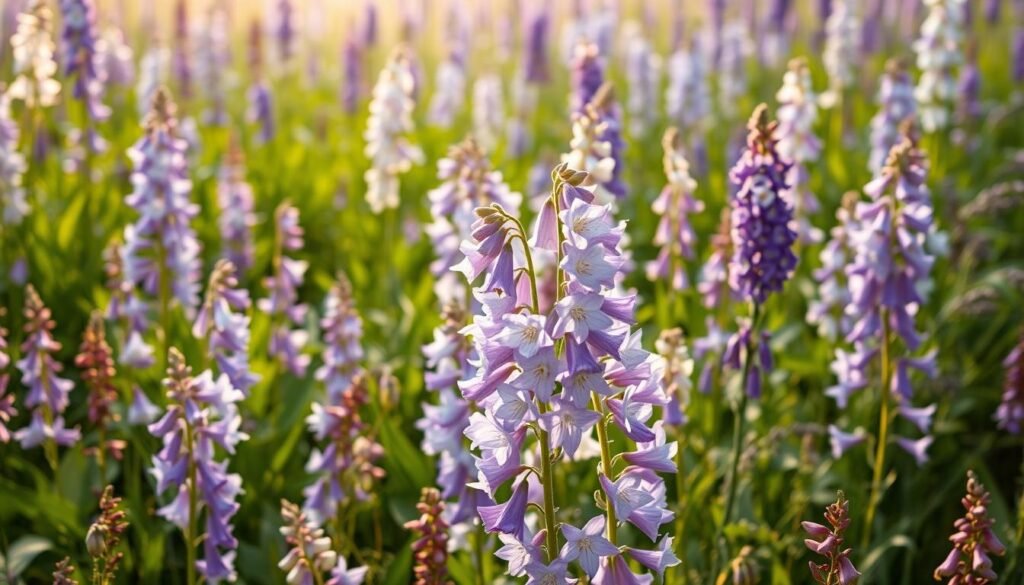 A lush, vibrant field of Campanula flowers in full bloom, showcasing the stunning diversity of this beloved garden plant. In the foreground, a tapestry of delicate bell-shaped blooms in shades of lavender, violet, and white, their petals gently swaying in a soft breeze. The middle ground reveals a captivating array of Campanula varieties, from the tall, upright spikes of the Peach-Leaved Bellflower to the trailing cascades of the Clustered Bellflower. In the background, a verdant backdrop of lush foliage and a warm, golden light filtering through, creating a serene and inviting atmosphere. Captured with a crisp, high-resolution lens, this image showcases the inherent beauty and diversity of the Campanula genus, a true delight for the senses.