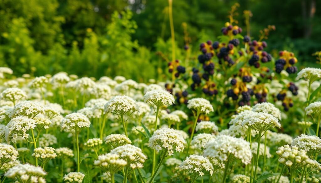 A lush, vibrant field of elderflowers in full bloom, their delicate white petals gently swaying in the soft breeze. In the foreground, a close-up view showcases the intricate structure of the flower clusters, their sweet fragrance filling the air. The middle ground reveals a mature elderberry bush, its dark purple berries ripe and ready for harvesting. In the background, a verdant forest backdrop provides a serene and natural setting, hinting at the plant's medicinal properties and traditional uses. The lighting is warm and golden, casting a soothing glow over the scene, conveying the healing and restorative powers of this remarkable Heilpflanze.