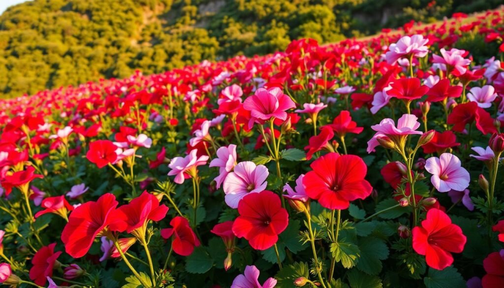 A lush, vibrant field of geraniums in full bloom, their vivid hues ranging from deep crimson to soft pink and delicate lavender. The flowers appear to sway gently in a warm breeze, their petals catching the golden light of the late afternoon sun. In the background, a rolling hillside covered in verdant foliage provides a natural, picturesque backdrop. The scene evokes a sense of tranquility and the timeless beauty of nature. Captured with a wide-angle lens, the image presents a panoramic view that immerses the viewer in the origins and history of these beloved garden plants. A lush, vibrant field of geraniums in full bloom, their vivid hues ranging from deep crimson to soft pink and delicate lavender. The flowers appear to sway gently in a warm breeze, their petals catching the golden light of the late afternoon sun. In the background, a rolling hillside covered in verdant foliage provides a natural, picturesque backdrop. The scene evokes a sense of tranquility and the timeless beauty of nature. Captured with a wide-angle lens, the image presents a panoramic view that immerses the viewer in the origins and history of these beloved garden plants.