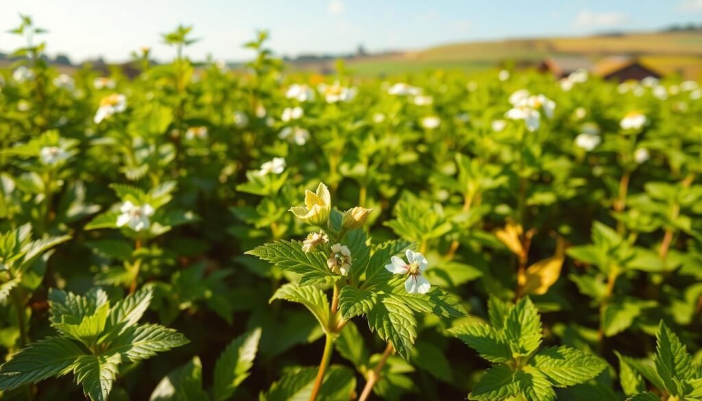 A lush, vibrant field of verdant stevia plants, their delicate white flowers gently swaying in the soft breeze. The sun's warm rays illuminate the scene, casting a natural, golden glow over the natural sweetener. In the foreground, several stevia leaves are prominently displayed, their serrated edges and glossy surfaces inviting closer inspection. The middle ground showcases the plant's robust, bushy growth habit, while the background reveals a picturesque countryside landscape, hinting at the ideal growing conditions for this versatile herb. The overall mood is one of tranquility, highlighting the organic, sustainable nature of this captivating natural sweetener.