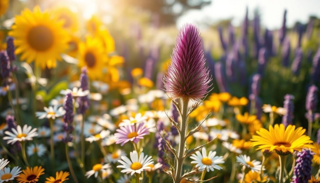 A lush, vibrant flower bed in the warm afternoon sun, with a striking thistle plant standing tall at the center. The thistle's spiky, purple-tinged foliage contrasts beautifully with the soft pastel hues of the surrounding blooms - delicate daisies, cheerful sunflowers, and fragrant lavender. The scene is captured with a shallow depth of field, drawing the eye to the captivating thistle while the background softly blurs, creating a sense of tranquility and natural beauty. Captured with a wide-angle lens to showcase the depth and variety of the garden, the image conveys a sense of harmony and the perfect balance of wild and cultivated elements. A lush, vibrant flower bed in the warm afternoon sun, with a striking thistle plant standing tall at the center. The thistle's spiky, purple-tinged foliage contrasts beautifully with the soft pastel hues of the surrounding blooms - delicate daisies, cheerful sunflowers, and fragrant lavender. The scene is captured with a shallow depth of field, drawing the eye to the captivating thistle while the background softly blurs, creating a sense of tranquility and natural beauty. Captured with a wide-angle lens to showcase the depth and variety of the garden, the image conveys a sense of harmony and the perfect balance of wild and cultivated elements.