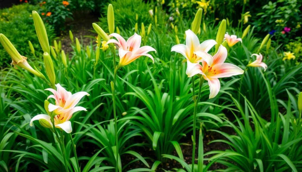 A lush, vibrant garden bed filled with blooming lilies under a soft, diffused natural light. In the foreground, several tall, graceful lily stems sway gently, their large, trumpet-shaped flowers in shades of white, pink, and yellow. The middle ground showcases a mix of healthy green foliage, with broad, sword-shaped leaves. In the background, a blend of complementary greenery creates a serene, nature-inspired setting. The soil around the lilies appears moist and rich, hinting at a recent watering and application of nutrient-rich fertilizer. The overall scene conveys a sense of tranquility and the nurturing care required to cultivate these beautiful, delicate flowers.