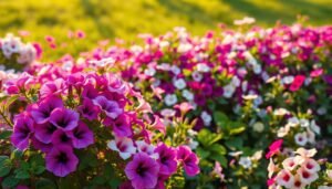 A lush, vibrant garden filled with a stunning array of petunia varieties. In the foreground, clusters of vibrant blooms in shades of purple, pink, and white burst forth, their delicate petals gently swaying in a soft breeze. The middle ground showcases a diverse tapestry of petunia cultivars, each with its own unique shape, size, and patterning, creating a captivating visual symphony. The background blends seamlessly into a verdant, sun-dappled landscape, accentuating the natural beauty of these beloved flowers. Warm, golden light filters through the scene, imbuing the image with a sense of warmth and tranquility. Captured with a crisp, high-resolution lens, this image invites the viewer to immerse themselves in the stunning diversity of petunia varieties.