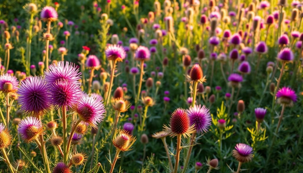 A lush, vibrant garden overflowing with a stunning variety of thistle plants. In the foreground, delicate yet spiky purple and pink blooms stand tall, their intricate petals and spines catching the warm, golden sunlight. In the middle ground, a mix of exotic, multicolored thistles sway gently in a light breeze, their leaves and stems showcasing a magnificent diversity of shapes and textures. The background is filled with towering, architectural specimens, their towering silhouettes creating an almost otherworldly, sculptural presence. The entire scene is bathed in a soft, hazy glow, evoking a sense of tranquility and natural wonder. Shot with a shallow depth of field to emphasize the lush, immersive feel of this verdant, thistly oasis. A lush, vibrant garden overflowing with a stunning variety of thistle plants. In the foreground, delicate yet spiky purple and pink blooms stand tall, their intricate petals and spines catching the warm, golden sunlight. In the middle ground, a mix of exotic, multicolored thistles sway gently in a light breeze, their leaves and stems showcasing a magnificent diversity of shapes and textures. The background is filled with towering, architectural specimens, their towering silhouettes creating an almost otherworldly, sculptural presence. The entire scene is bathed in a soft, hazy glow, evoking a sense of tranquility and natural wonder. Shot with a shallow depth of field to emphasize the lush, immersive feel of this verdant, thistly oasis.