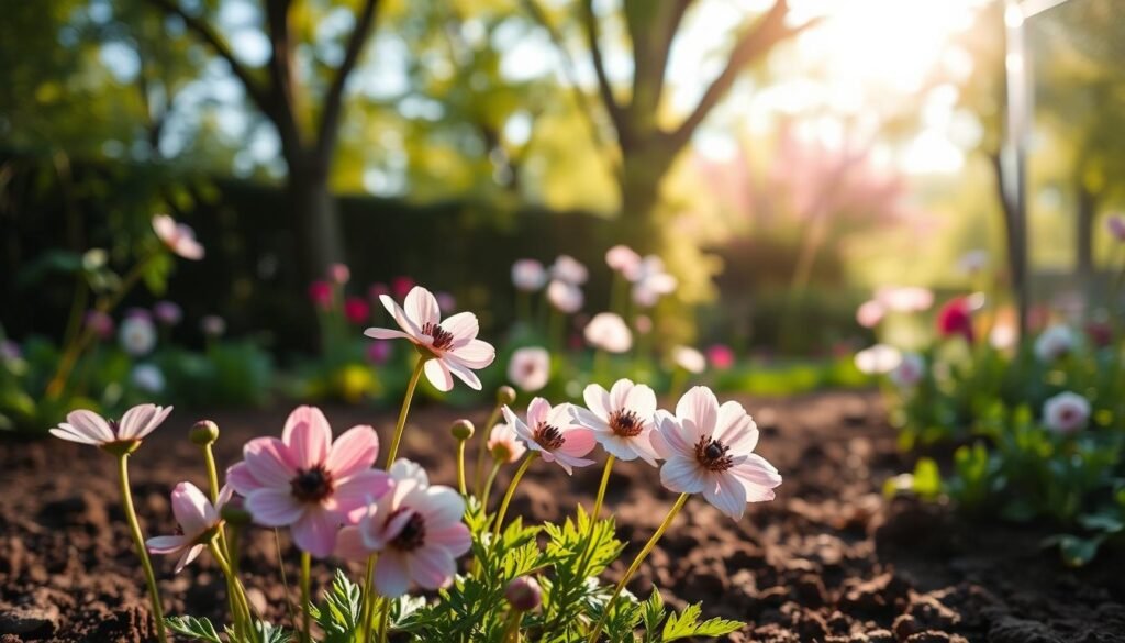 A lush, vibrant garden scene depicting the optimal planting time for anemones. In the foreground, a cluster of delicate anemone flowers in shades of pink, white, and purple blossom against a soft, blurred background. The mid-ground showcases the rich, loamy soil, perfect for planting the rhizomes. Dappled sunlight filters through the trees, creating a warm, inviting atmosphere. The angle is slightly elevated, allowing the viewer to appreciate the harmonious composition of the scene. The overall mood evokes the tranquility and anticipation of the spring or autumn seasons, the ideal times to establish these resilient, cheerful flowers.