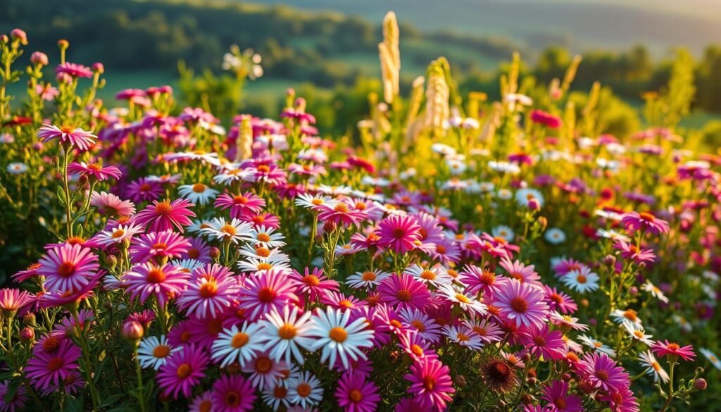 A lush, vibrant garden scene featuring a diverse array of Aster flowers in full bloom. The foreground showcases a stunning display of various Aster cultivars in an array of colors, including pinks, purples, whites, and blues. The flowers are bathed in warm, golden sunlight, creating a sense of depth and dimension. In the middle ground, the Asters are interspersed with other complementary perennials, adding to the overall visual harmony. The background is filled with a verdant, blurred landscape, suggesting a tranquil, natural setting. The composition is balanced and inviting, capturing the beauty and diversity of Asters in a captivating, artistic manner.