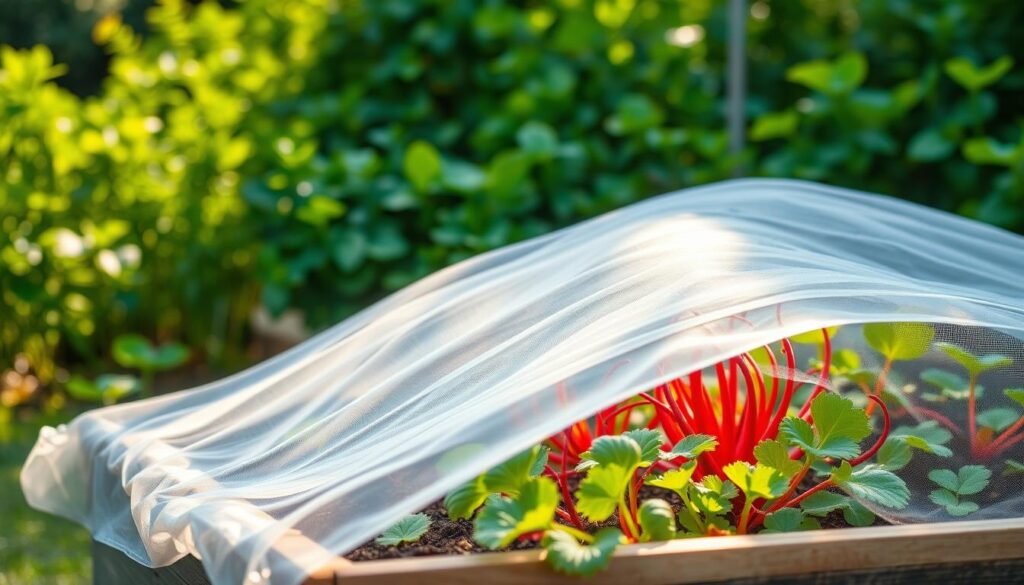 A lush, vibrant garden scene featuring a raised garden bed covered in a layer of translucent Folie Vlies material. The Radieschen plants are thriving, their bright red roots peeking out from beneath the protective cover. Soft, diffused natural light filters through the Vlies, casting a warm, cozy glow over the scene. In the background, a verdant backdrop of lush greenery frames the image, hinting at the wider garden environment. The composition emphasizes the sheltered, controlled growing conditions created by the Folie Vlies, showcasing its benefits for cultivating healthy, high-quality Radieschen. The overall mood is one of serene, productive gardening in a protected, nurturing setting.