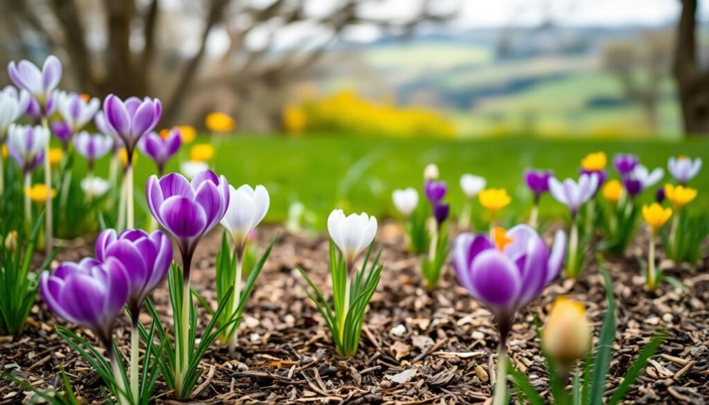 A lush, vibrant garden scene showcasing various crocus flowers in bloom. In the foreground, several healthy crocus plants stand tall, their delicate petals in shades of purple, white, and yellow. The middle ground features a well-tended soil bed, with a light sprinkling of organic mulch to retain moisture and suppress weeds. In the background, a blurred but verdant landscape unfolds, hinting at a harmonious, natural setting. The lighting is soft and diffused, creating a warm, inviting atmosphere. The composition is balanced, with the crocus plants positioned to draw the viewer's eye towards the center of the frame. The overall scene conveys a sense of tranquility, vitality, and preventative care for the vibrant crocus blooms.