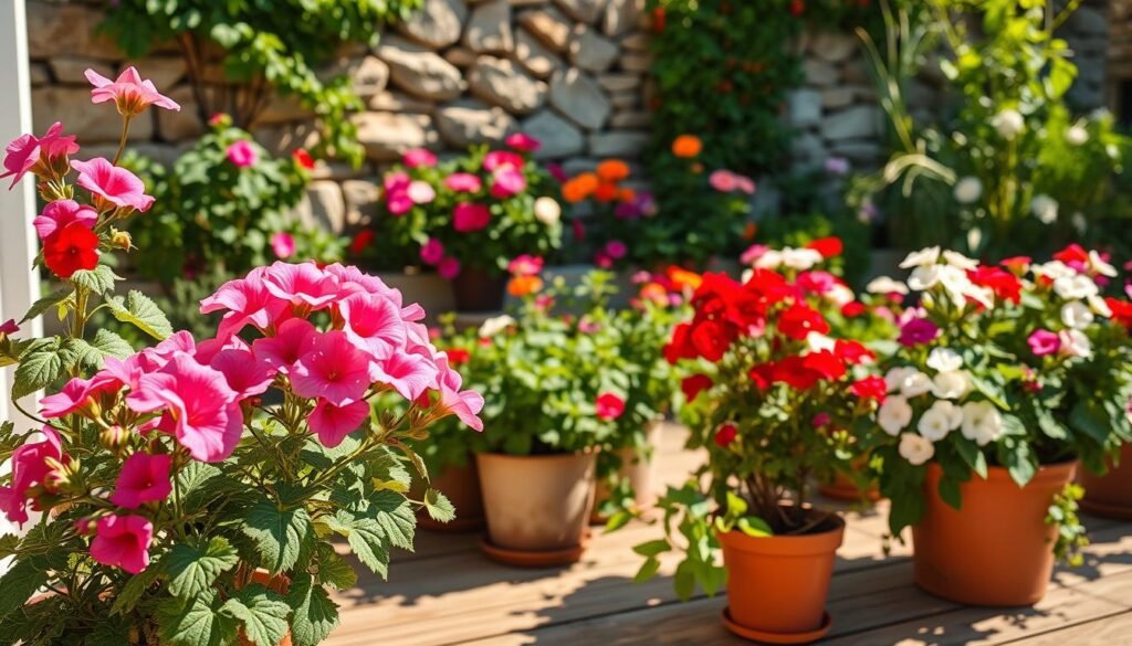 A lush, vibrant geranium garden flourishing in the sunlight. In the foreground, several potted geraniums in shades of pink, red, and white adorn a wooden patio, their delicate petals gently swaying. The middle ground features a well-tended flower bed, with geraniums of various hues complemented by verdant foliage. In the background, a quaint stone wall frames the scene, creating a sense of depth and tranquility. The lighting is warm and natural, casting a soft glow over the entire composition. Capture the essence of the ideal geranium growing conditions, showcasing the plants' vibrant colors and thriving growth. A lush, vibrant geranium garden flourishing in the sunlight. In the foreground, several potted geraniums in shades of pink, red, and white adorn a wooden patio, their delicate petals gently swaying. The middle ground features a well-tended flower bed, with geraniums of various hues complemented by verdant foliage. In the background, a quaint stone wall frames the scene, creating a sense of depth and tranquility. The lighting is warm and natural, casting a soft glow over the entire composition. Capture the essence of the ideal geranium growing conditions, showcasing the plants' vibrant colors and thriving growth.