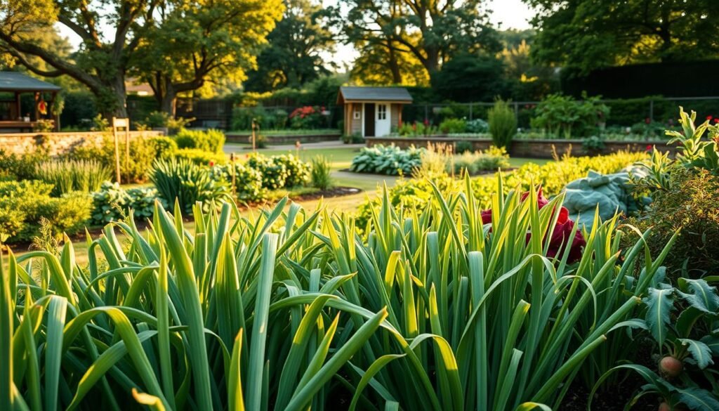 A lush, vibrant vegetable garden in golden afternoon light. In the foreground, a bountiful harvest of thick, green leeks, their slender stalks and broad leaves creating a textured tapestry. Interspersed between the leeks, rows of other complementary crops like carrots, kale, and radishes, each adding depth and contrast to the scene. The middle ground features a winding path lined with fragrant herbs, inviting the viewer to explore the abundant garden. In the background, a low stone wall and a glimpse of a quaint garden shed, framed by a canopy of mature fruit trees, casting dappled shadows across the idyllic setting. An atmosphere of peaceful productivity, showcasing the harmonious integration of leeks within a flourishing, organically cultivated vegetable garden. A lush, vibrant vegetable garden in golden afternoon light. In the foreground, a bountiful harvest of thick, green leeks, their slender stalks and broad leaves creating a textured tapestry. Interspersed between the leeks, rows of other complementary crops like carrots, kale, and radishes, each adding depth and contrast to the scene. The middle ground features a winding path lined with fragrant herbs, inviting the viewer to explore the abundant garden. In the background, a low stone wall and a glimpse of a quaint garden shed, framed by a canopy of mature fruit trees, casting dappled shadows across the idyllic setting. An atmosphere of peaceful productivity, showcasing the harmonious integration of leeks within a flourishing, organically cultivated vegetable garden.