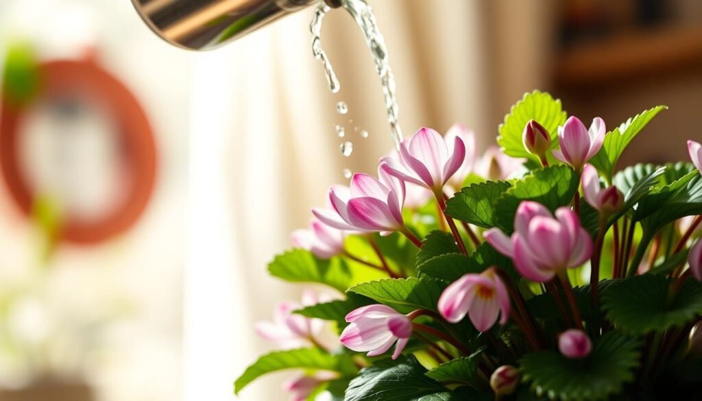 A lush, well-lit close-up view of a thriving Alpenveilchen (cyclamen) plant being gently watered from above, with water droplets glistening on the delicate petals and leaves. The plant is positioned in the foreground, filling the frame, with a soft, blurred background that hints at a cozy, indoor setting. The lighting is natural and diffused, creating a warm, inviting atmosphere. The camera angle is slightly angled, providing a dynamic perspective that showcases the plant's intricate details and the act of watering it. The overall composition draws the viewer's attention to the essential task of properly caring for this delicate alpine flower.