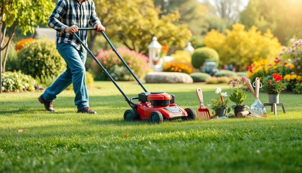 A lush, well-manicured lawn in a tranquil garden setting, showcasing the seasonal changes in lawn care throughout the year. In the foreground, a gardener carefully mows the grass with a vintage push mower, their movements captured in a crisp, realistic style. The middle ground features an array of gardening tools and supplies, neatly arranged to reflect the specific tasks required in each season. In the background, a vibrant, colorful landscape unfolds, with trees and flowers that subtly shift in harmony with the changing seasons. The lighting is soft and natural, creating a serene, inviting atmosphere. The composition emphasizes the importance of tailored lawn care techniques for achieving a healthy, beautiful lawn year-round.