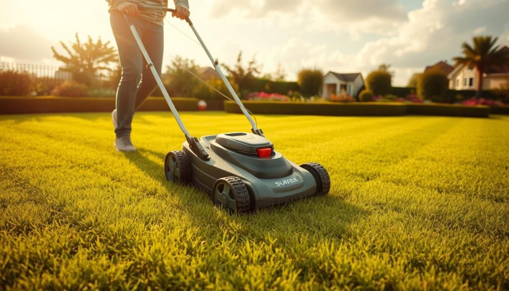 A lush, well-manicured lawn with a person meticulously mowing it in a traditional pattern, creating neat, parallel lines. The mower is a modern, efficient model with sharp blades that effortlessly slice through the verdant grass. Warm, golden sunlight filters through fluffy clouds, casting a soft, natural glow over the scene. The person's movements are steady and practiced, guiding the mower in a rhythmic, back-and-forth motion. In the background, a picturesque garden with vibrant flowers and neatly trimmed hedges adds to the serene, idyllic atmosphere. The overall mood conveys a sense of pride and satisfaction in maintaining a beautiful, healthy lawn.