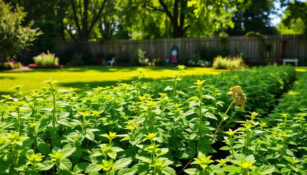 A lush, well-tended Stevia garden in a warm, sun-dappled setting. The foreground features rows of vibrant, green Stevia plants, their delicate leaves gently swaying in a light breeze. The middle ground showcases a neatly trimmed lawn and a few scattered garden beds, while the background depicts a picturesque wooden fence, partially obscured by a canopy of leafy trees. The lighting is soft and natural, creating a serene, inviting atmosphere. The composition is balanced, with the Stevia plants taking center stage, surrounded by a harmonious, well-designed garden landscape.
