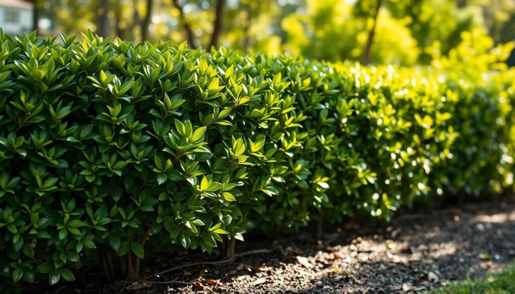 A lush, well-tended cherry laurel hedge in a neatly pruned and manicured garden. The freshly cut foliage and stems are visible, revealing the careful handiwork of the gardener. Dappled sunlight filters through the leaves, casting a warm, natural glow over the scene. The hedge is surrounded by rich, dark soil and a few scattered twigs or fallen leaves, hinting at the recent pruning. The composition is balanced, with the hedge occupying the central focus, framed by a blurred, dreamy background of verdant greenery. An overall sense of order, diligence and horticultural pride pervades the image.